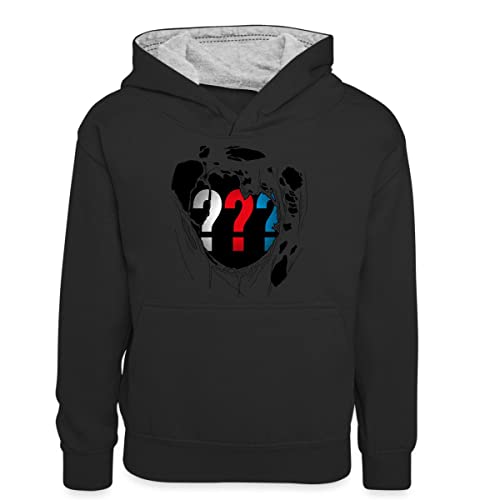 Spreadshirt Die DREI Fragezeichen Logo Brust Teenager Kontrast-Hoodie, 12/13 Jahre, Schwarz/Grau meliert