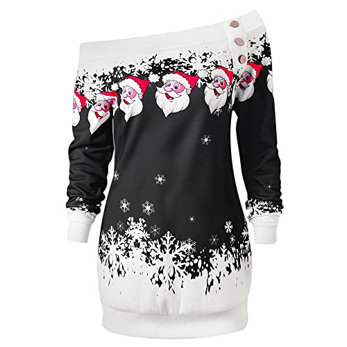 CHARMMA Damen Weihnachten Pullover Langarmshirt Santa Claus und Schnee Druck Sweatshirt (Schwarz, XL)